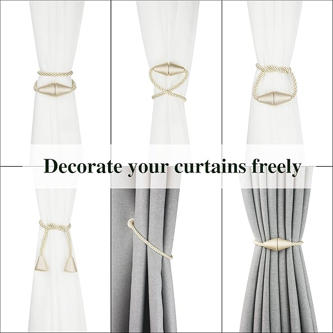 6 Pack Magnetic Curtain Tiebacks Rope Modern Handmade Curtain Tie Backs Decorative Drapes Weave Holdbacks for Window Décor, Beige