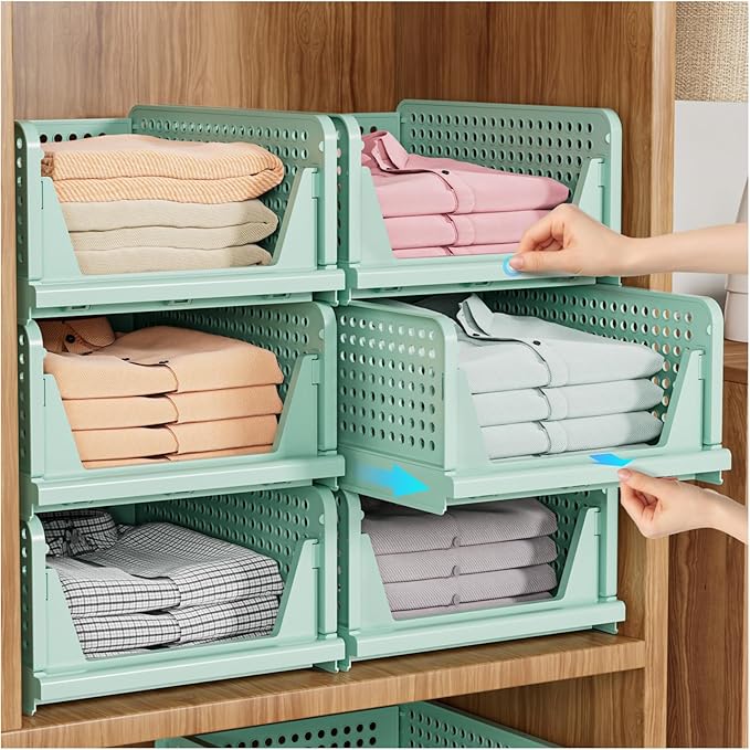 SNSLXH 5 Pack Stackable Closet Organizer Box, Multifunctional & Foldable Closet Storage Basket for Bathroom Kitchen Laundry Room Wardrobe Storage, Space-Saving Clothes Storage Drawer Organizer, Green