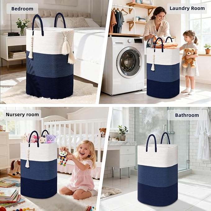 Woven Laundry Basket for Clothes,100 L Large Rectangle Laundry Hampers with Beads Tassel, Nursery Storage Basket for Toys, Tall Dirty Clothes Hamper for Bedroom Aesthetic, Laundry Room Organization