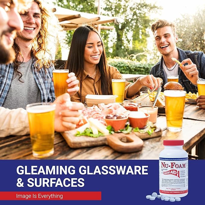 Nu-Foam Sanitizing Tablets for Bar Glassware – Superior Rinse Aid - Hand Washing Bar, Tavern, Brewery Supplies - Spotless Serving Glasses - 6 Jars 600 Tablets/ 3600 Quarts (6 Pack 600 Tablets)