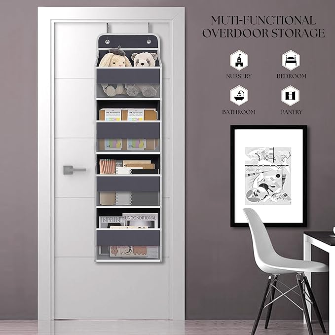 Over The Door Hanging Organizer with 4 Large Pockets – Closet, Bathroom, Nursery, Bedroom, Dorm Storage for Toys, Cosmetics, and Baby Essentials, Gray