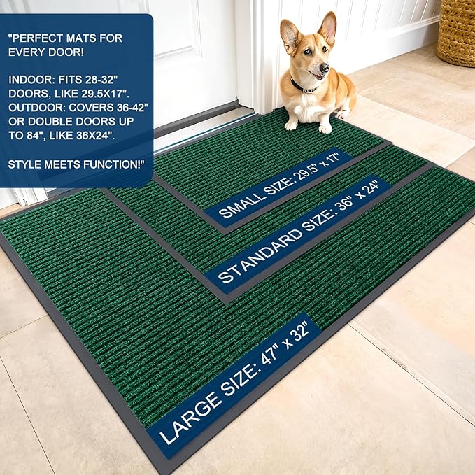 OLANLY Front Door Mat Indoor Outdoor Entrance, Waterproof Heavy Duty Doormat, Fade Resistant, Low Profile, Easy Clean Patio Porch Welcome Floor Mats for Entry, 59x35, Green