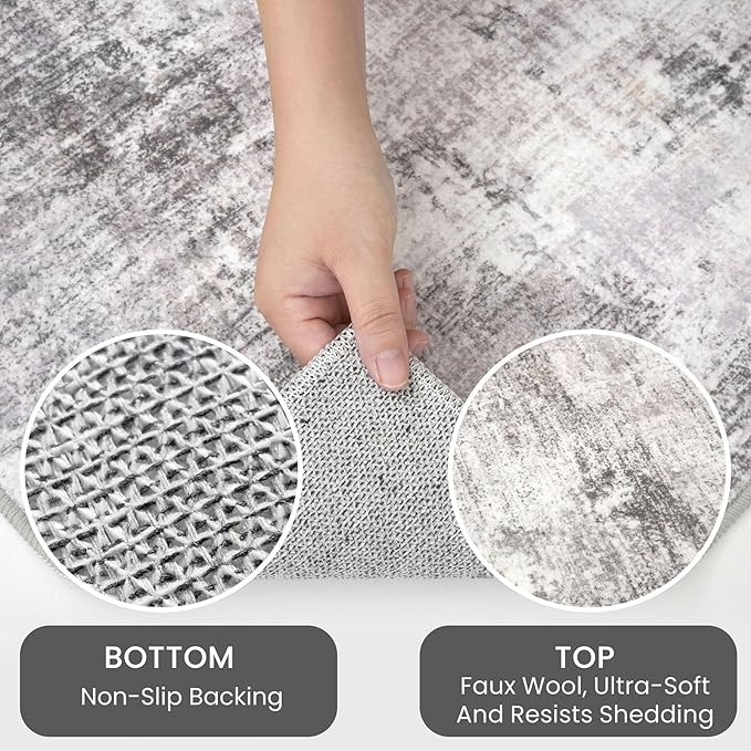 IOHOUZE Abstract Round Area Rug 8 Ft Washable Circle Rugs Large Round Rug Non Slip Thin Soft Circle Rugs, Printed Faux Wool Floor Carpet for Bedroom Living Room Dining Room Nursery, Grey Beige