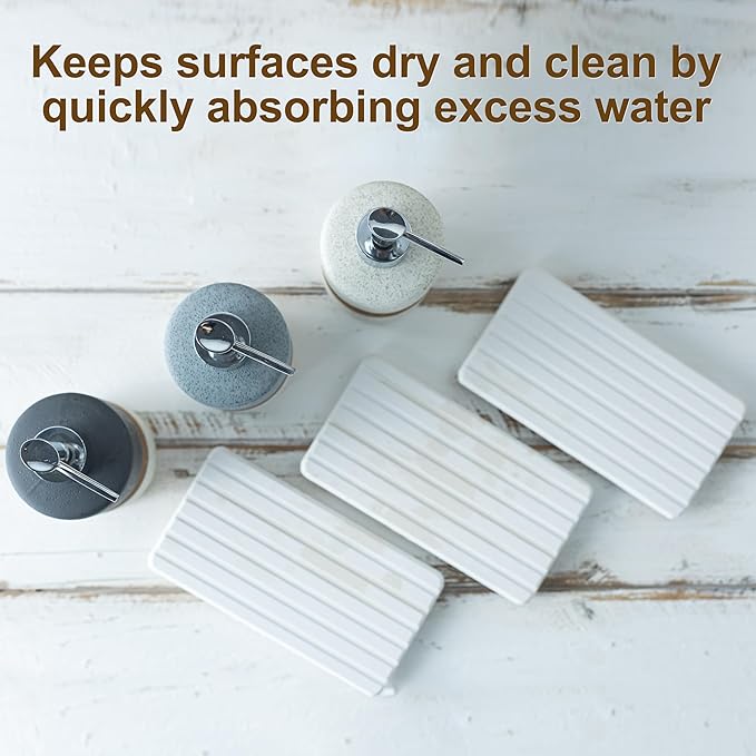 2-Pack Ceramic Soap Dispensers Set, Includes Stainless Steel Pump, Silicone Funnel and Diatomaceous Tray, Hand Soap, Dish Soap, Shampoo and Conditioner Dispenser for Bathroom & Washroom, White