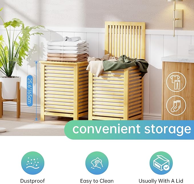 SMIBUY Double Laundry Hamper with Lid, 120L Bamboo Laundry Basket with Removable Liner Bag, 2-Section Clothes Divider Laundry Sorter for Laundry Room, Bathroom, Bedroom (Natural)