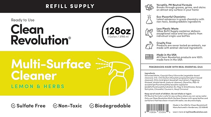 Clean Revolution Multi Surface Cleaner Refill Supply, Non-Toxic, Eco-Friendly & Plant-Based, Ready to Use, Lemon & Herbs, 128 Fl Oz (1 Gallon)