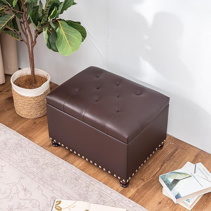 Joveco Faux Leather Storage Ottoman Bench Rectangle 24 Inch Foot Rest Ottomans (Brown)