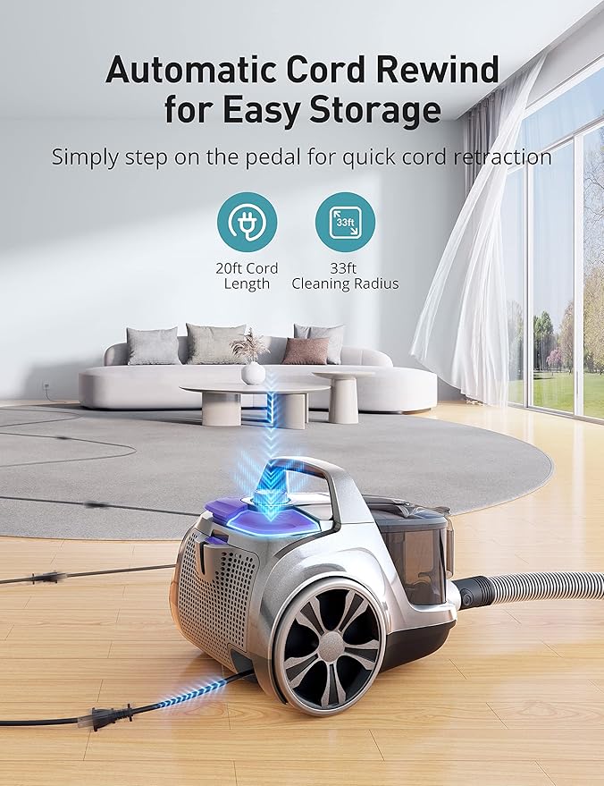 Aspiron Canister Vacuum, Upgraded 1600W Bagless Canister Vacuum Cleaner, Auto Cord Rewind, H13 HEPA Filter, 3.7Qt Large Capacity, 5 Tools for Hard Floors, Carpet, Pet, Upholstery, Tiles, Car, Lavender