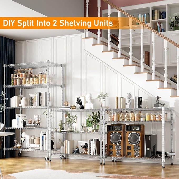 Himimi 5-Tier Heavy Duty Steel Wire Rack Storage Shelving, Adjustable Metal Storage Shelves with Wheels, 82''H Wire Shelf for Kitchen Garage Basement Pantry Organization, 18" D×36" W×82" H-Silver