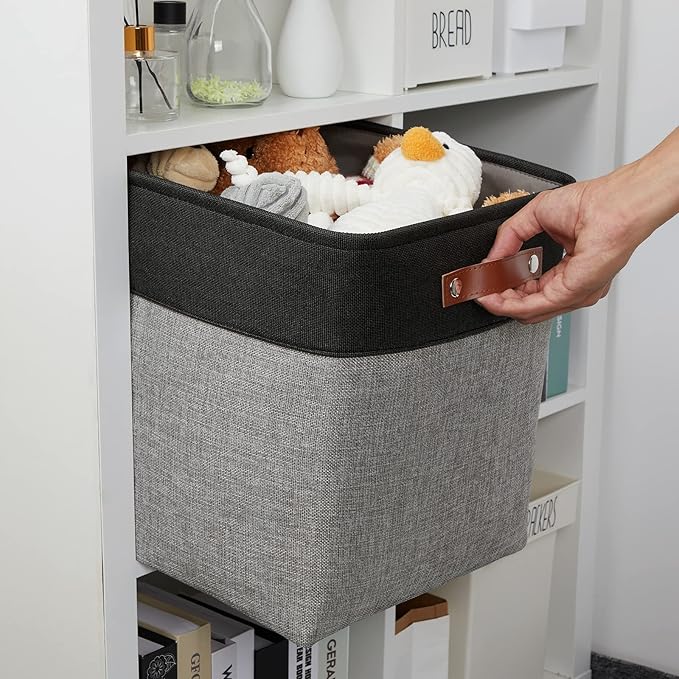 DULLEMELO Storage Bins for Organizing,Closet Storage Baskets for Gift Empty,Large Linen Canvas Storage Bins with Handles for Home Office Toys Shelves(Black&Grey, 13 inch Cube)