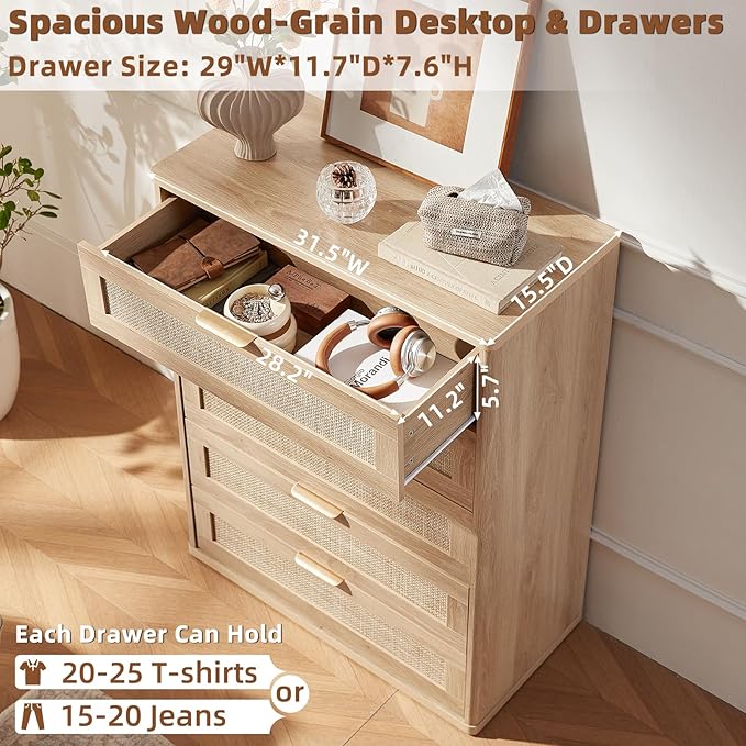 LEYAOYAO Rattan Dresser for Bedroom, 41" Tall Chest of Drawers, Modern 5 Drawers Boho Dressers with Storage, Light Oak Dresser Wooden Closet Organizer for Living Room, Hallway, Natural Wood