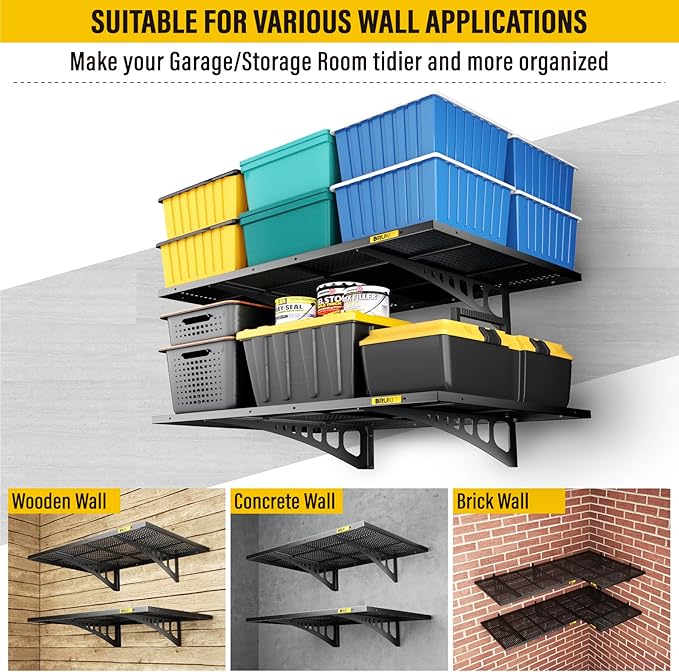 2Pack 2x3ft Adjustable Metal Garage Wall Shelving Heavy Duty Garage Storage Shelf Wall Mounted Black