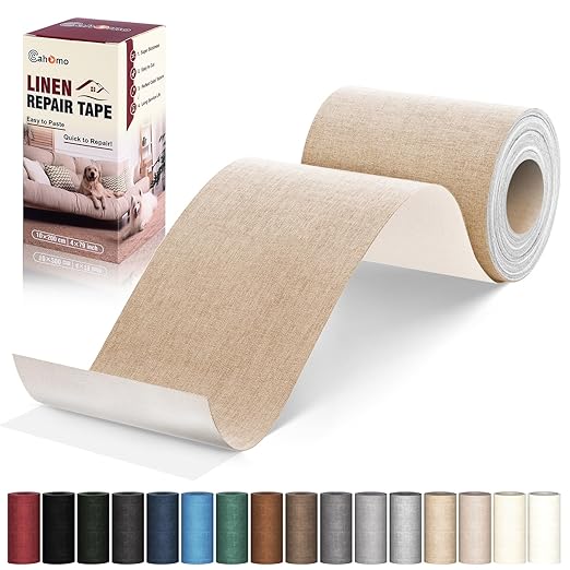 Linen Repair Tape 4x79 inch, Self Adhesive Fabric Patches, Linen Patch Tape Kit, Fabric Repair Tape for Couch Sofas, Headboards, Chairs, Pillows, Curtains, Couches - Dark Beige