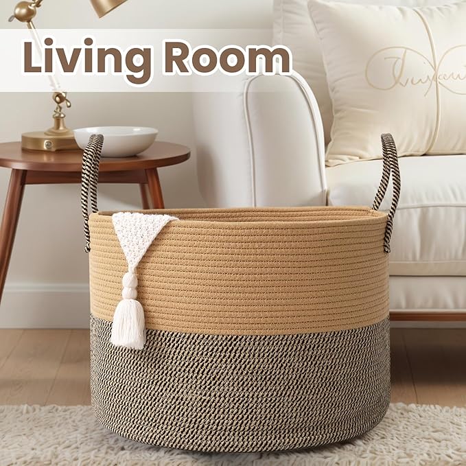 Woven Blanket Basket,115L Large Rope Storage Bin with Handles, Organizer for Blankets Toys Book and Clothes, Laundry Basket for Living Room Bedroom Nursery,Jute&Black