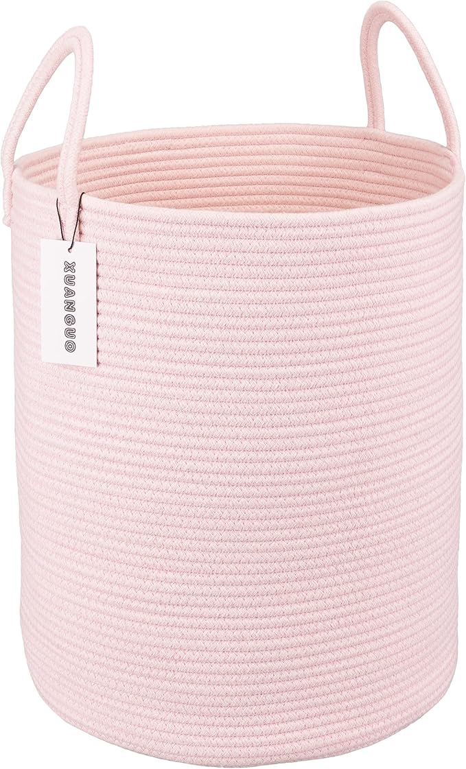Cotton Rope Laundry Basket Hamper for Girls Kids Baby Nursery Hamper Bin Woven Storage Basket for Living Room Girls room Boho Tall Rope Baskets for Blanket Toys Large light pink