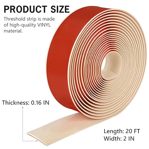 20Ft Floor Transition Strip Self Adhesive Vinyl Cover Floor Strip Flat Divider Transition Strip Wood Grain Design for Laminate Floor Gaps and Doorway Transitions (20Ft x 2 Inch, Beige)