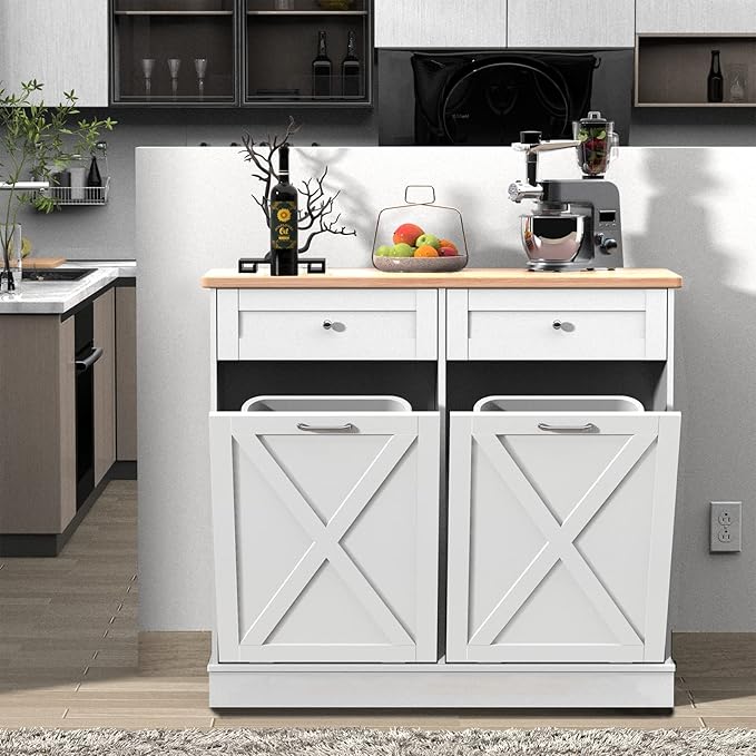 Betterhood Double Tilt Out Trash Cabinet Can Bin Kitchen 20 Gallon Wooden Free Standing Laundry Sorter,Recycling Cabinet with Hideaway Drawer, (White)