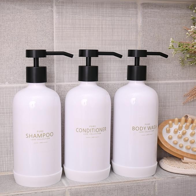 Shampoo and Conditioner Dispenser Set of 3,Refillable 21oz Shampoo Bottles with Non-Slip Protective Silicone Pad,Shower Soap Dispenser with Waterproof Labels for Bathroom (White)