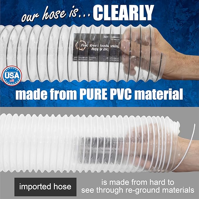 PVC Dust Collection Hose w/4 Thumbscrew Clamps, Puncture Resistant, Carbon Steel Wire, Clear Flexible PVC Dust Collector Hose, Proudly Made in USA (2 1/2" x 20')