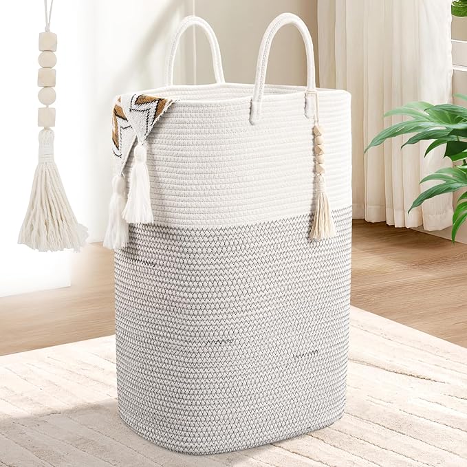 Woven Laundry Basket for Clothes, 50 L Large Rectangle Laundry Hampers with Beads Tassel, Nursery Storage Basket for Toys, Tall Dirty Clothes Hamper for Bedroom Aesthetic, Laundry Room Organization