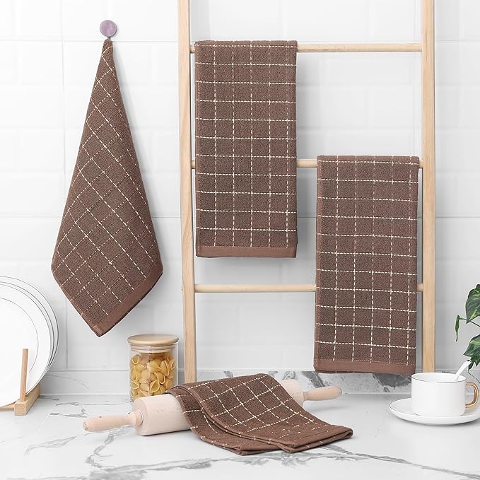 Homaxy 100% Cotton Terry Kitchen Towels(Brown, 13 x 28 inches), Checkered Designed, Soft and Super Absorbent Dish Towels, 6 Pack