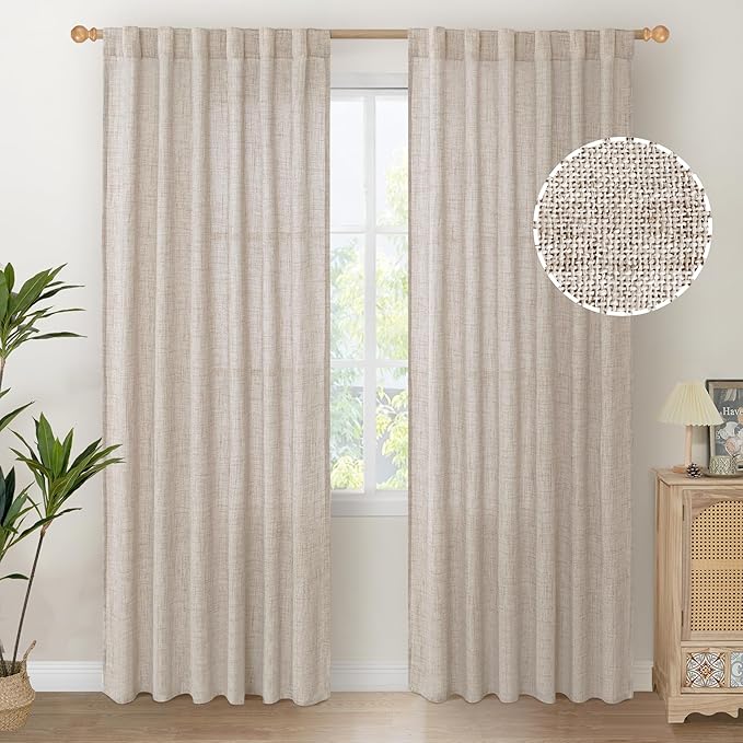 YoungsTex Natural Linen Curtains 80 Inch Length for Living Room, Light Filtering Burlap Textured Rod Pocket Window Drapes Back Tab for Bedroom Office Rustic, 2 Panels, 52 X 80 Inch