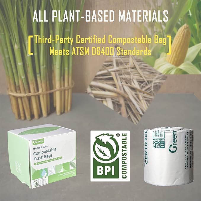 Greensoil 100% Compostable Waste Bags 2.6 Gallon, Extra Thick Kitchen Small Compost Bags for Countertop Bin, Bathroom or Office Waste, ASTM D6400 BPI Certified Compostable & Leak Proof, 100 Pack