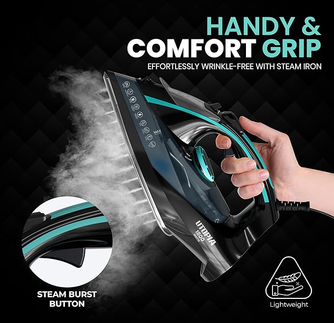 Utopia Home Steam Iron for Clothes - Non-Stick Soleplate - 1800W Clothes Iron With Auto-Off Safety Feature - Adjustable Thermostat Control, Variable Steam Control, Self-Clean, 8 Feet Cord (Black/Teal)