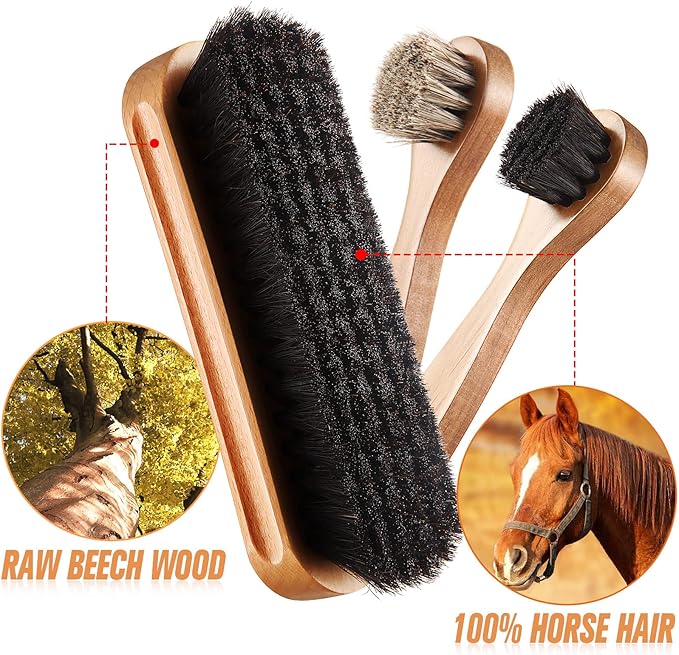 4 Pcs Horsehair Shine Shoes Brush Kit Polish Dauber Applicators Cleaning Leather Shoes Boots Care Brushes Suede Cleaner Brush with Microfiber Shoe Cloth(4 Pcs Style B)