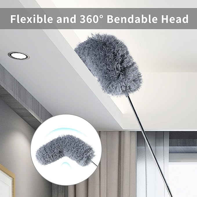 BOOMJOY Microfiber Feather Duster with 100 inches Extension Pole, Dusters for Cleaning High Ceiling, Fan, Blinds, Furniture, Dark Grey