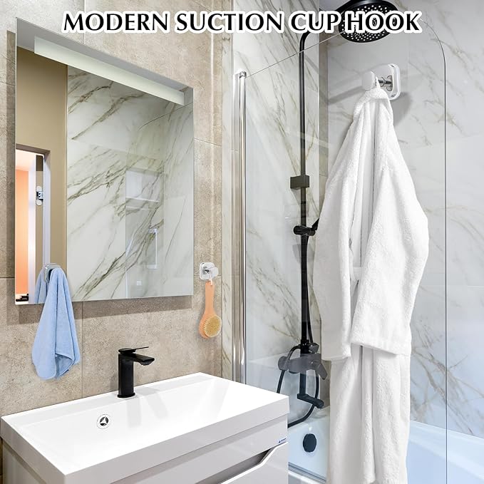Suction Cup Hooks for Shower - Reusable No-Drill Mounting - Hooks for Towels, Robes & Loofah on Metal, Glass, Mirrors, Tile & Smooth Non-Porous Surfaces (4, Chrome Polished)