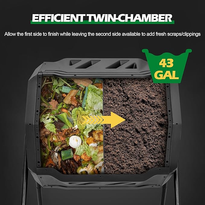 Nova Microdermabrasion 43 Gallon Compost Tumbler Bin Composter Dual Chamber BPA Free Compost Bin Outdoor Rotating Garden Yard Waste Bins