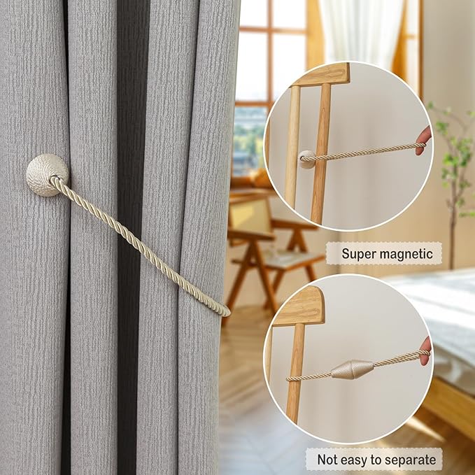 Magnetic Curtain Tiebacks 2 Pack Outdoor Rope Curtain Tie Backs Decorative Window Treatment Holdbacks for Home Decorative Curtain, Beige