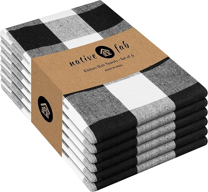 Native Fab 6-Pack Kitchen Towel with Hanging Loop 16x26 inches, Cotton Buffalo Check Kitchen Towels for Cleaning Drying, Washcloths Soft & Absorbent Cloth Rags, Bar Towel, Dish Cloth, Black