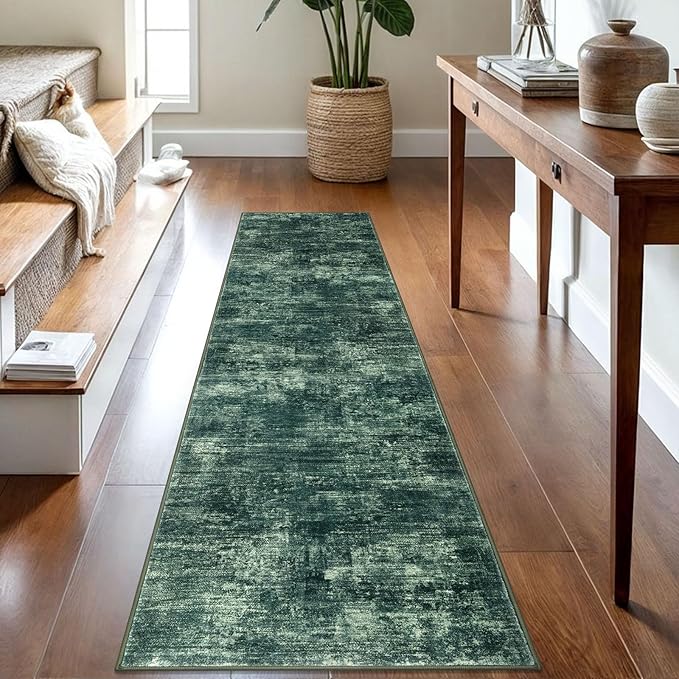 IOHOUZE Abstract Runner Rug 2x8 Ft Washable Runners for Hallways, Non Slip Kitchen Runner Printed Faux Wool Entryway Runner Indoor, Modern Abstract Floor Carpet for Hall Kitchen Bedroom, Dark Green
