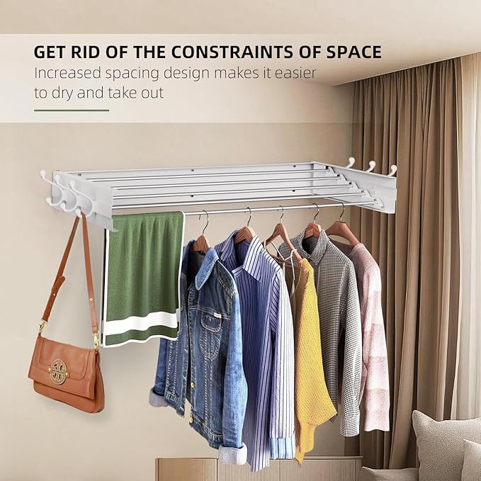 Laundry Drying Rack, Collapsible Wall Mounted Clothes Drying Rack - Foldable,Space Saving, 13.2 Linear Ft, 5 Aluminum Rods, 60 lb Capacity (White, 31.5" Wide)
