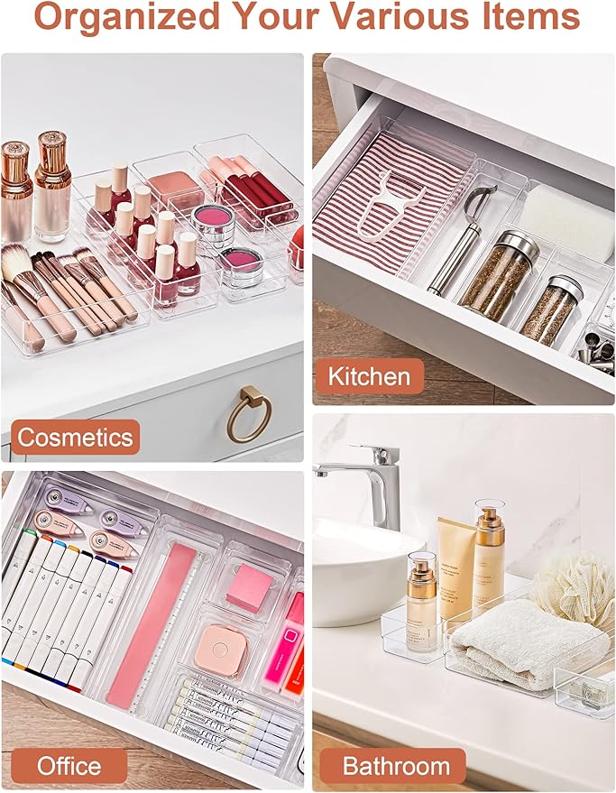 SMARTAKE 29-Piece Drawer Organizer with Non-Slip Silicone Pads, 4-Size Desk Drawer Organizer Trays Storage Tray for Makeup, Jewelries, Utensils in Bedroom Dresser, Office and Kitchen (Clear)