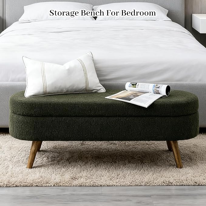 Storage Bench, 43" Storage Ottoman Bench, Shoe Storages Benches for Bedroom, Upholstered Entryway Benches with Seating, Rubber Wood Legs for Bedroom, Living Room, Entryway, Bed Side, Green