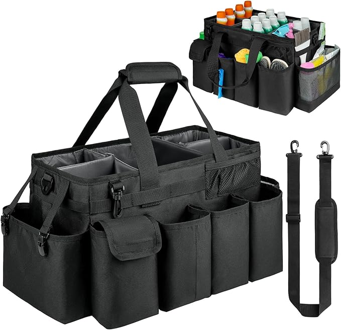 Cleaning Caddy Bag,Extra Large Cleaning Supplies Organizer with Handle for Housekeepers,Black