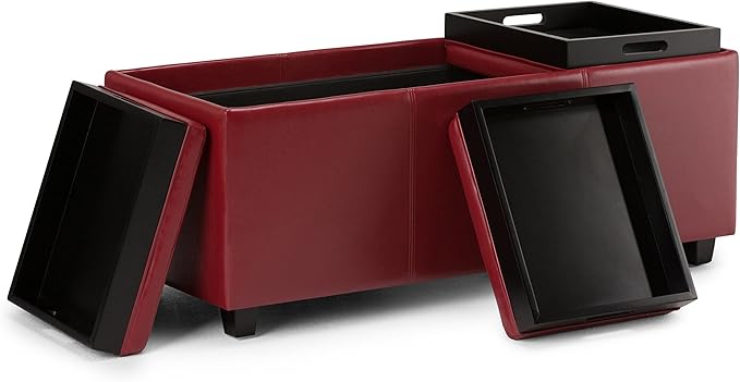 SIMPLIHOME Avalon 42 inch Wide Contemporary Rectangle Storage Ottoman in Red Vegan Faux Leather, Assembled, for the Living Room, Entryway and Family Room