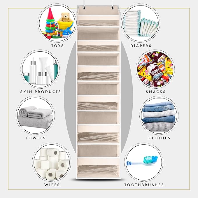 HOMELUX THEORY 2 PC Heavy Duty Over the Door Organizer 55x14x6.7, 6 Large Front & 12 Side Pockets, Hanging Storage Closet Door Organizer for Bedroom, Bathroom and Baby Nursery Storage (Ivory)