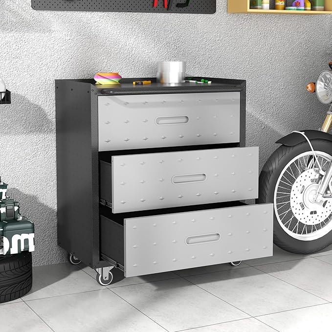 Metal Storage Cabinet with Wheels, Rolling Tool Cabinet, Garage Storage Cabinet with 3 Drawer for Tools, Assembly Required (Black/Grey)