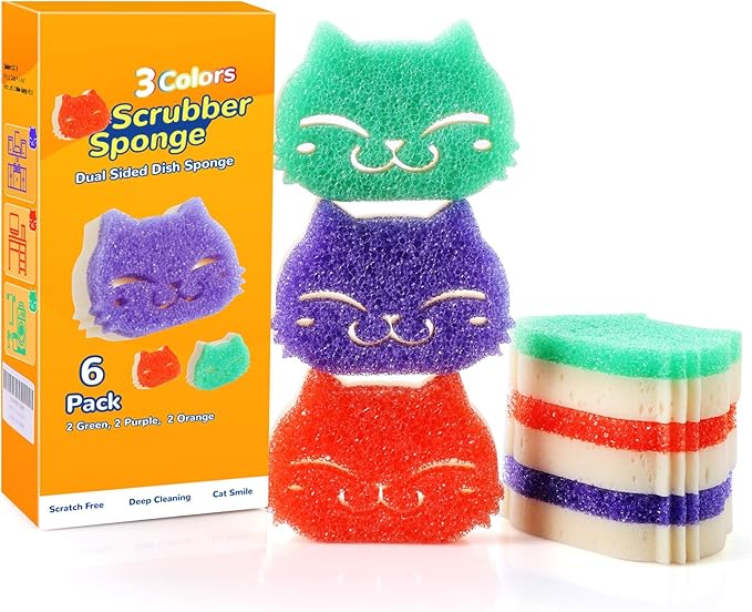 Eyliden 6 Pack Scrub Sponge - Dual-Sided, Smart-Temp Firmness, Dish Scrubber, Non-Scratch, Multi-Surface Safe Cleaning Sponges - Kitchen, Bathroom, Dish for Scrubbing (6)