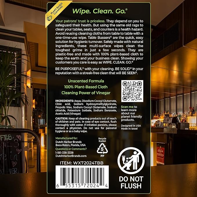 Wipex Table Bussers - Natural Cleaning Vinegar Counter and Table Wipes, 400 Ct Unscented Disposable Plant-Based Cloth for Tables, Counters, Surfaces for Restaurant, Cafes and Home Use, Pack of 4