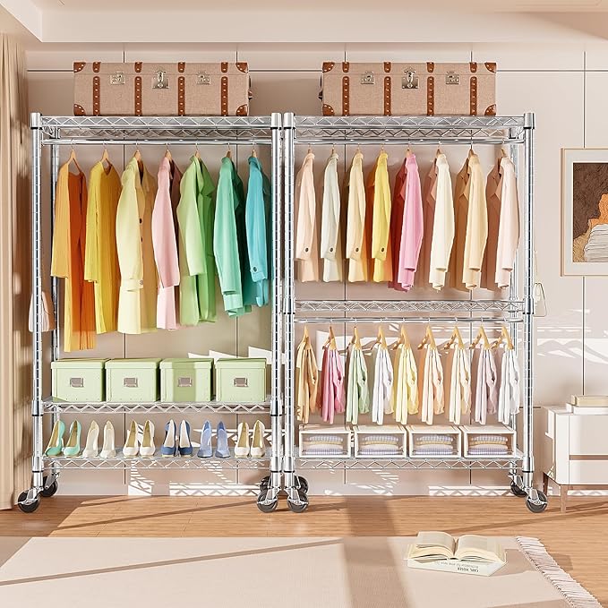 Heavy Duty Rolling Garment Rack 3 Tiers Adjustable Wire Shelving Clothes Rack with Rods and Side Hooks,Storage Closet Clothing Rack with Wheels Chrome 17.7" D x 47.2" W x 83.6" H