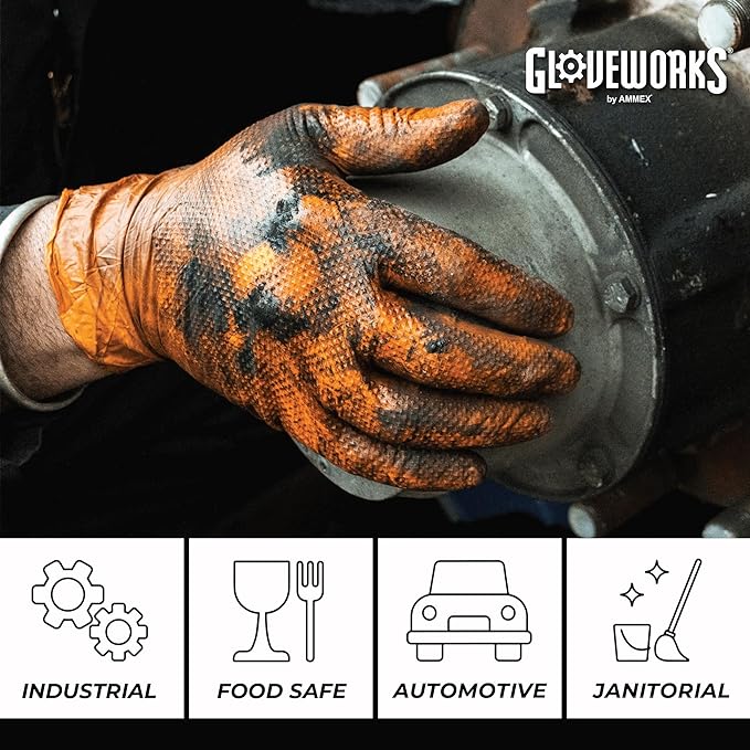GLOVEWORKS Heavy-Duty Nitrile Gloves, Disposable, Latex Free, 8 Mil, Orange, Diamond Grip Glove