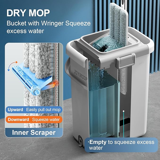 JOYMOOP Mop and Bucket with Wringer Set for Floor Cleaning and Wall Cleaner, Flat Mop and Bucket System Set with 2 Mops and 8 Large Microfiber Pads - White