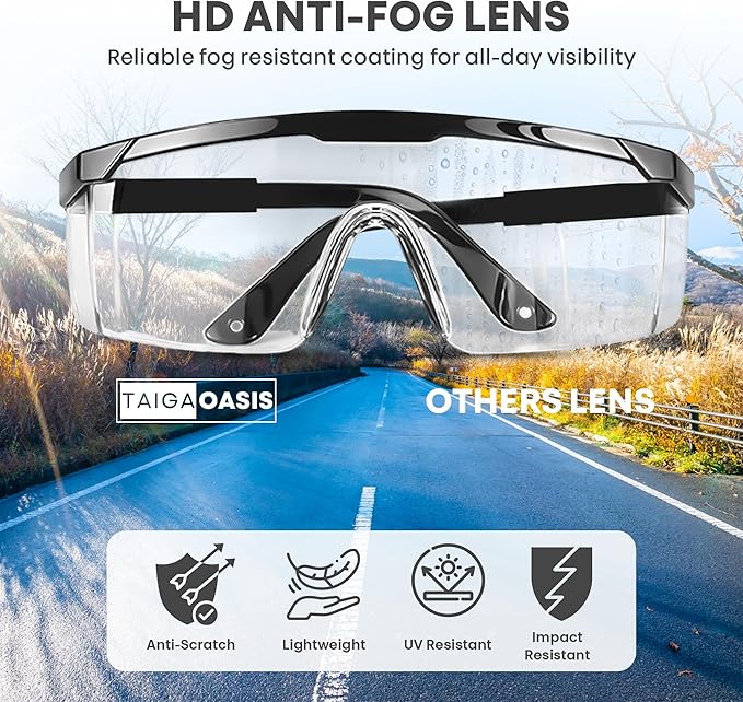Safety Glasses, Full Coverage Lens, Built-in Brow Guard, UV Resistant, Anti-Fog, Anti-Scratches, Impact Resistant, Adjustable Side Frames, One Size Fits All, 12 Pack