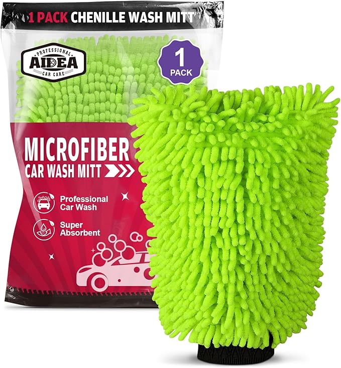 AIDEA Car Wash Mitt Microfiber, 1PK-Scratch-Free& Lint-Free, Premium Chenille Microfiber Mitt Car Wash Brush-Green Regular Size (7.12''X10.14'')