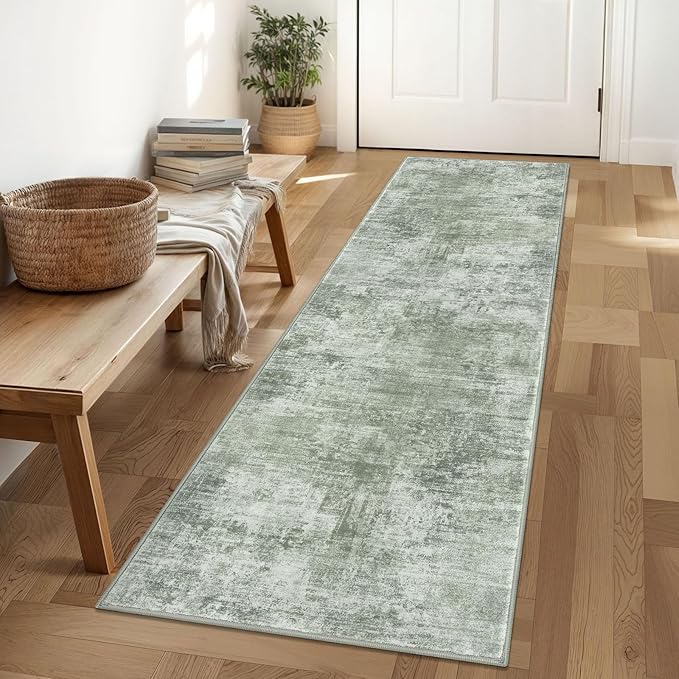 IOHOUZE Abstract Runner Rug 2x6 Ft Washable Runners for Hallways, Non Slip Kitchen Runner Printed Faux Wool Entryway Runner Indoor, Modern Abstract Floor Carpet for Hall Kitchen Bedroom, Sage Green